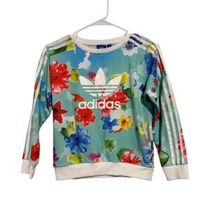 Adidas Kids Floral Tropical Trefoil Sweatshirt Teal Blue Red Size S 9-10